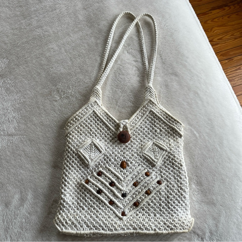 Vintage Bohemian Wood Bead Cotton Crotchet Bag